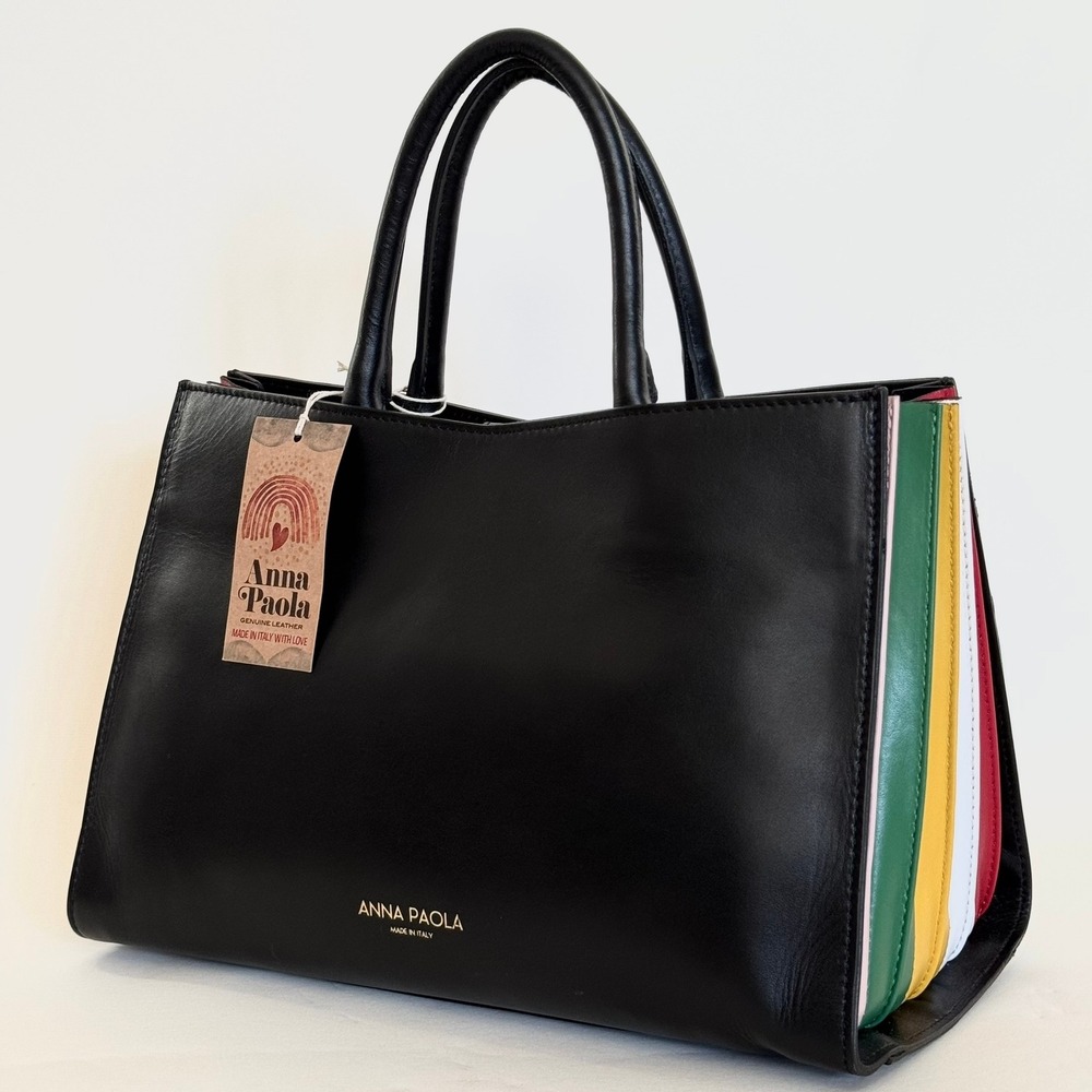 Anna Paola Handbag Black Italian Leather Crossbody Tote Rainbow Italy Luxe Chic